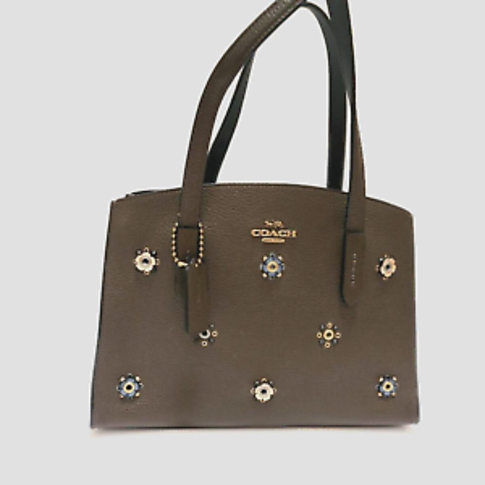 COACH CHARLIE CARRYALL 28 SCATTERED RIVETS FLORAL LEATHER MOSS BRASS